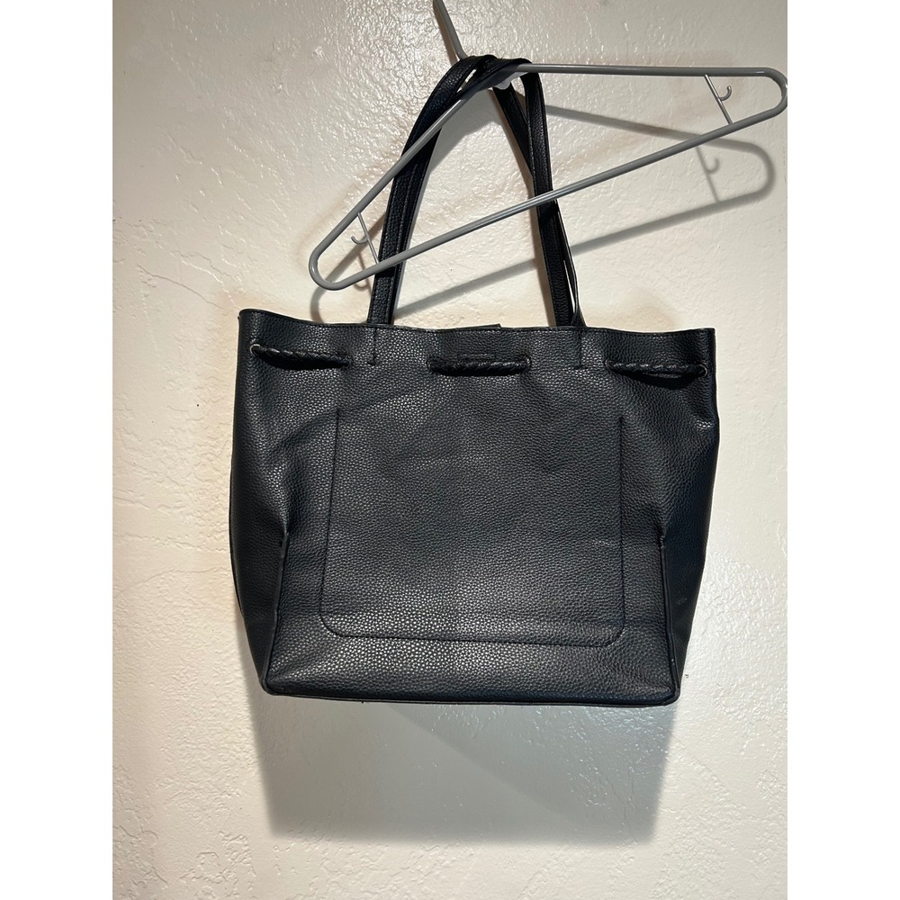 Anne Klein Black Pebbled Faux Leather Tote Bag Braided Drawstring Shoulder Bag‎